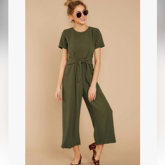 QEARAL olive green short sleeves wide leg lightweight jumpsuit‎ Sz L - Picture 8 of 9